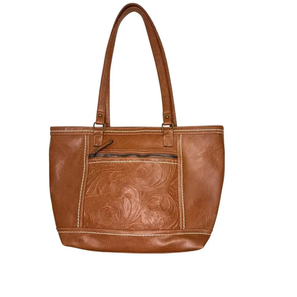 B.O.C (Born Concept) Brown Faux Leather Tote With Embossed Floral Pattern Purse